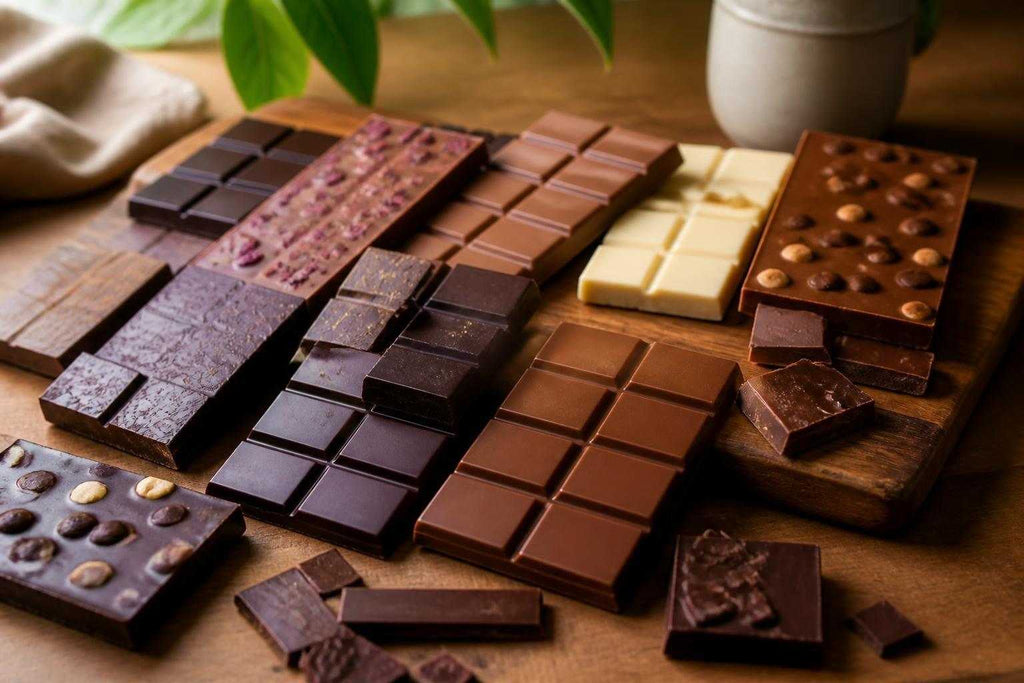 Assorted chocolate bars displayed on a market shelf in New Zealand