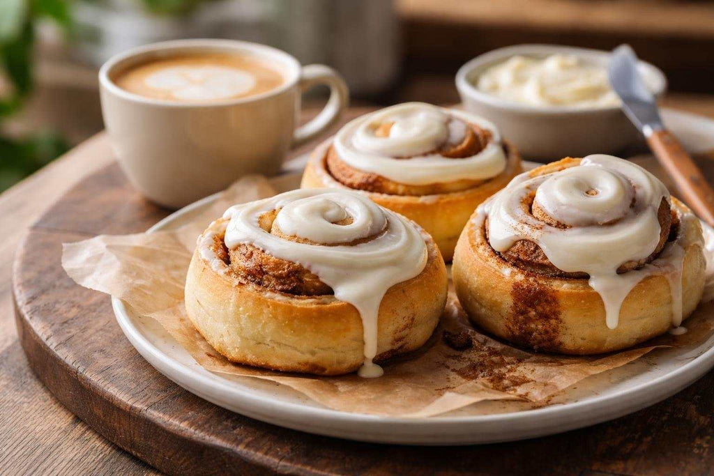 Ingredients for making cinnamon rolls laid out on a wooden surface with cinnamon sticks and brown sugar bowls.