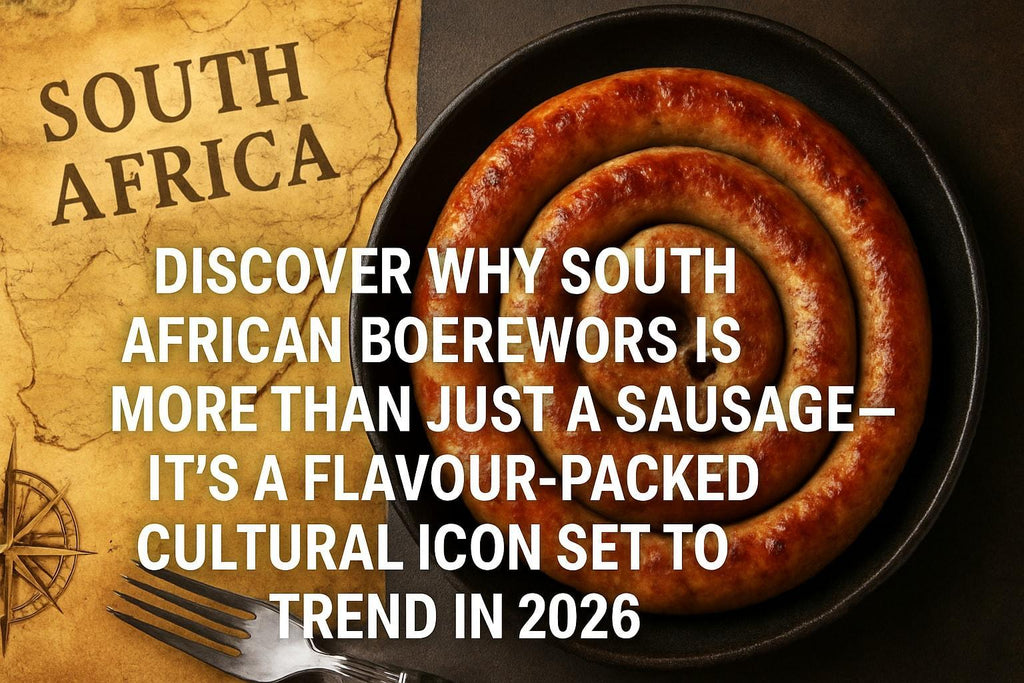 High-quality realistic photograph of traditional South African sausage boerewors coiled on a wooden board
