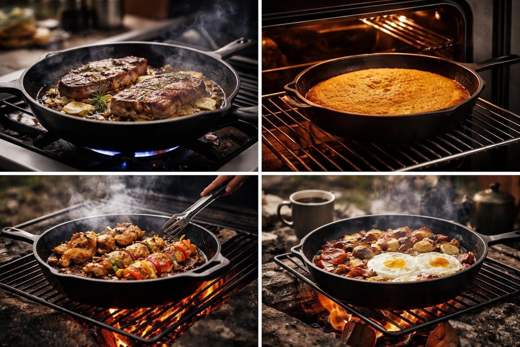 Cast iron cookware skillet, Dutch oven, and braai grid used for traditional cooking and braai grilling