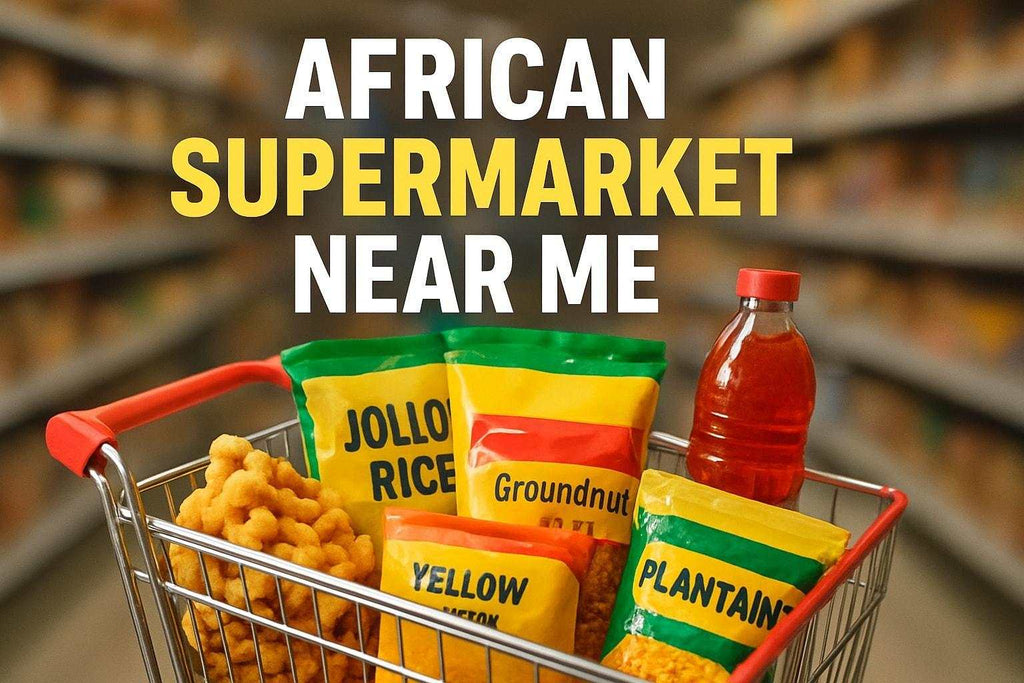 High-quality realistic photograph of a vibrant African supermarket interior showcasing authentic products and cultural items for 2026 shoppers