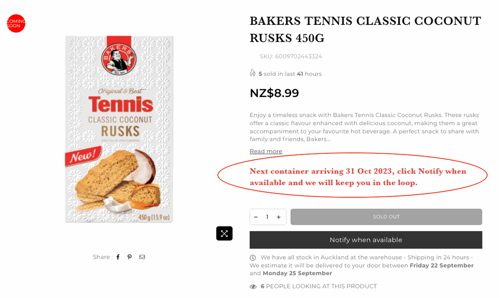 Notification screen for South African favourites stock arrival with a "Notify Me" button on e-commerce site
