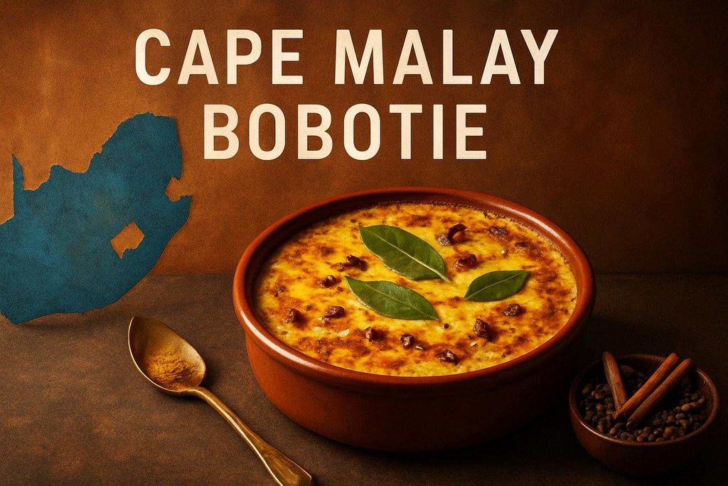 Traditional Cape Malay Bobotie with golden custard topping in a ceramic dish