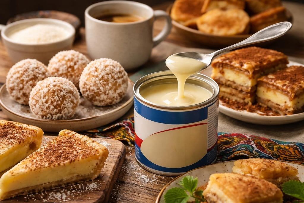 Condensed milk cans and South African traditional dessert ingredients on kitchen counter