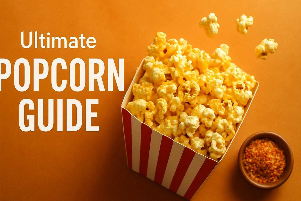 High-quality realistic photograph of various popcorn kernels and popped popcorn, representing the ultimate popcorn guide 2026