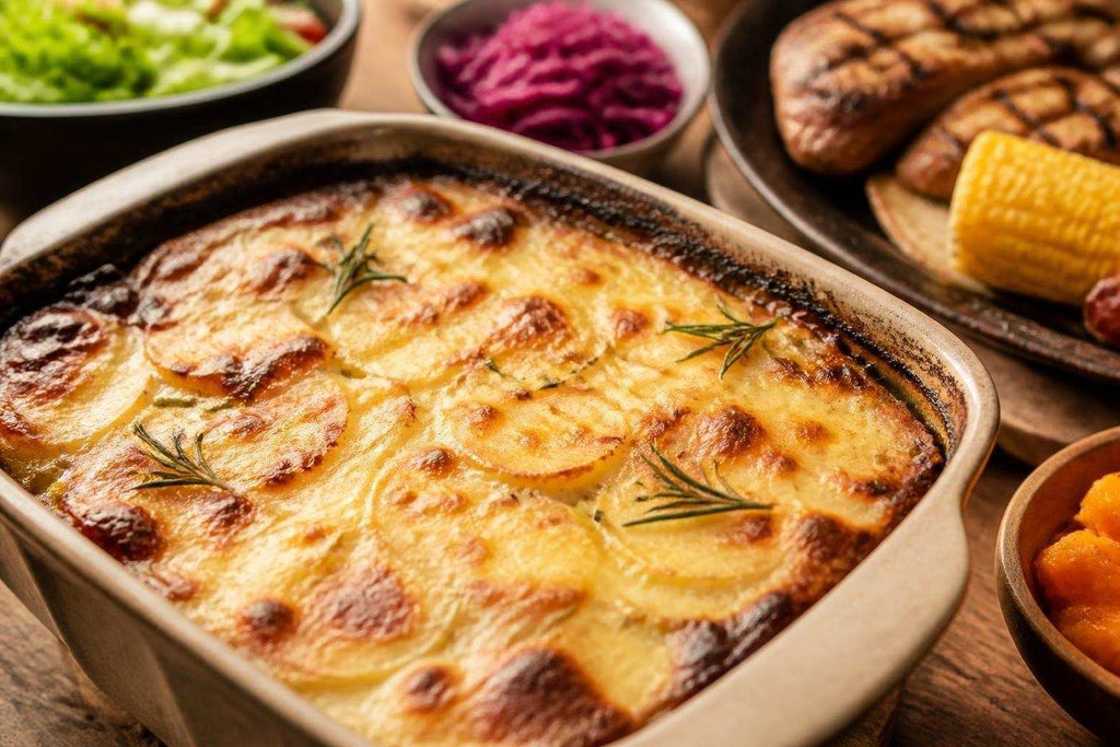 Golden cheesy South African potato bake with creamy layered potatoes in a baking dish