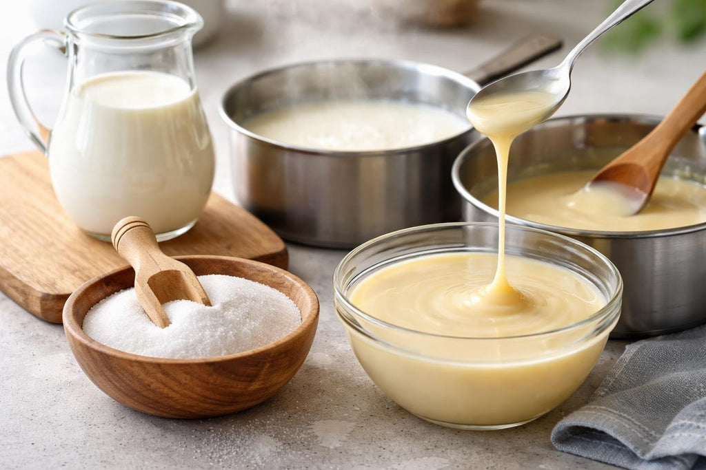 Stages of condensed milk production with industrial equipment and stainless steel tanks