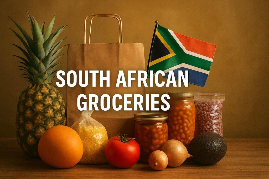 South African groceries assortment including snacks, spices, sauces, and maize meal from Something From Home in New Zealand