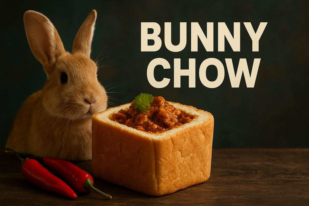 High-quality photograph of traditional South African bunny chow food in a hollowed bread loaf with spicy curry filling