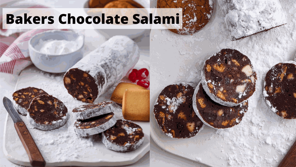 Sliced Bakers Chocolate Salami dessert with chocolate, biscuits, and icing sugar on a plate