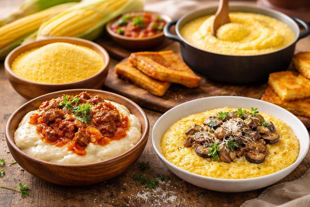 Varieties of corn meal NZ in bowls and spoons showing yellow and white maize products
