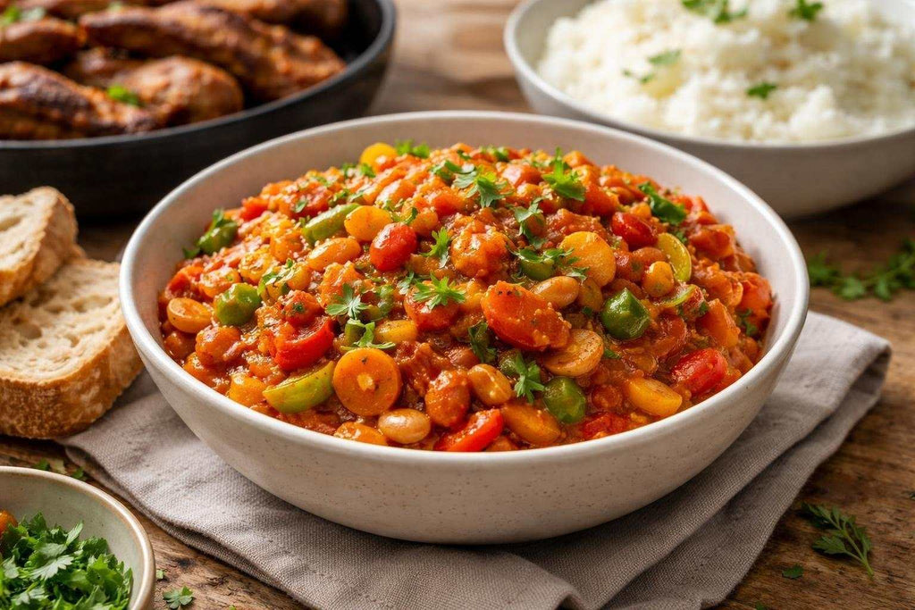 Traditional South African chakalaka vegetable relish with vibrant spices and beans