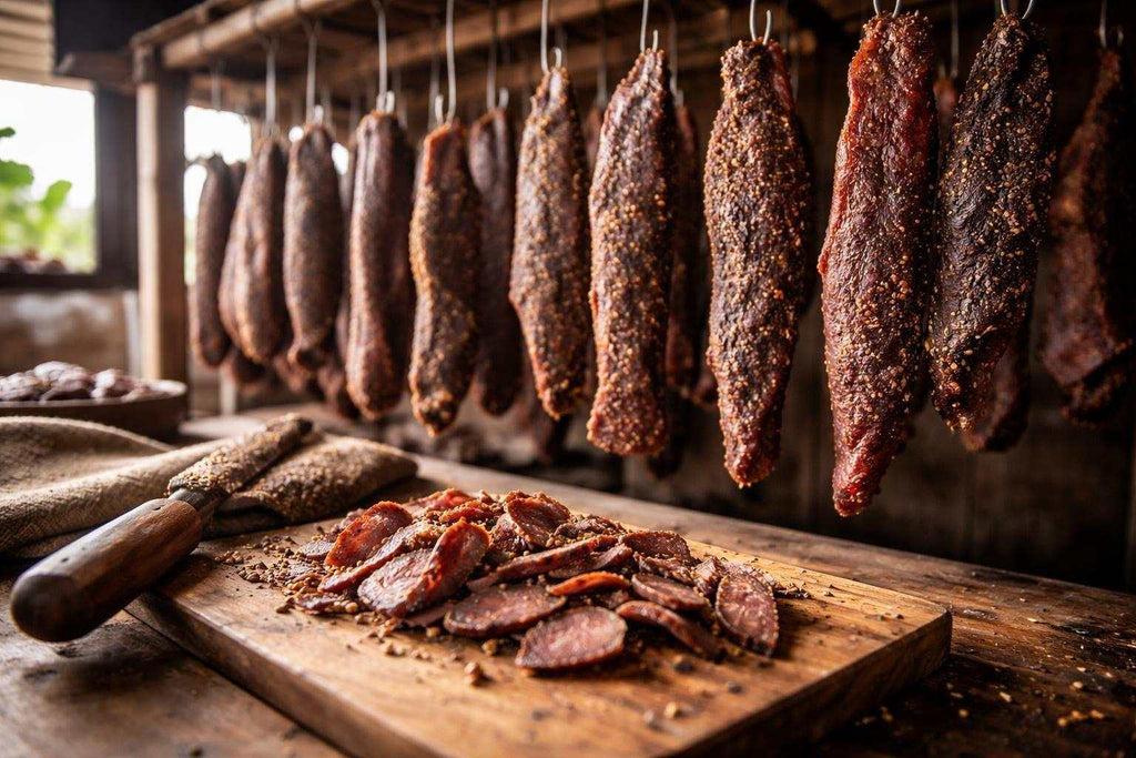 Traditional South African biltong preparation with air-dried spiced meat strips