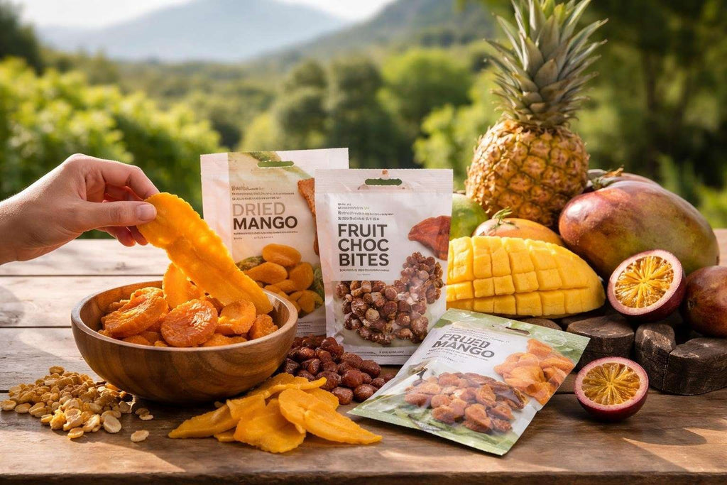 Assorted colorful fruit snacks including dried fruit and fruit leathers displayed on a white background