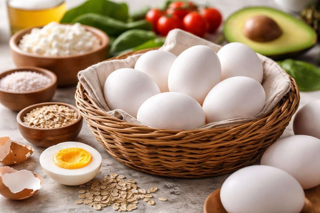 Nutritional breakdown chart of white eggs displaying protein, vitamins, and minerals content