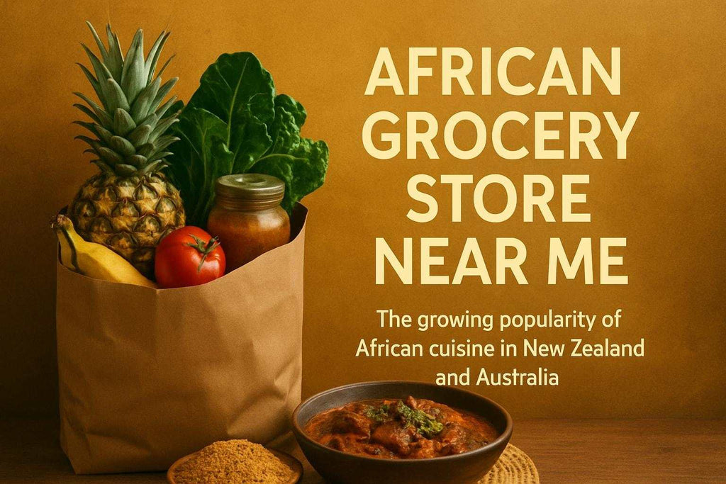 Modern African grocery store interior with diverse authentic products and spices on shelves for 2026 shoppers