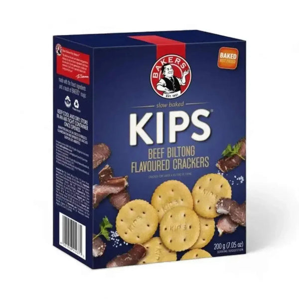 Bakers Pyotts Kips Beef Biltong Flavoured Crackers 200g packaging and product display
