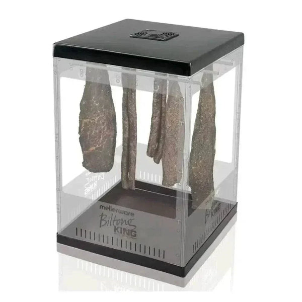 Mellerware Biltong Dryer with hanging rods, drying shelves, and continuous airflow for drying biltong and fruit.