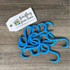 Pack of 10 blue plastic biltong hooks for efficient meat drying and hanging.