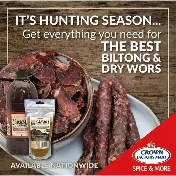 Crown National Safari Biltong Spice 200g packet for authentic South African meat seasoning