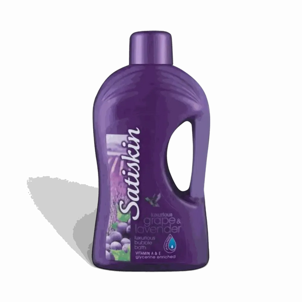 Satinskin Luxury Bubble Bath 2L Grape and Lavender bottle with bubbles