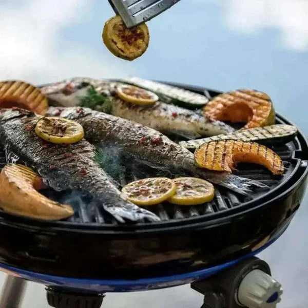 Portable CADAC Carri Chef 50 BBQ with dome lid, stainless steel burner, and 46cm cooking surface for versatile outdoor cooking