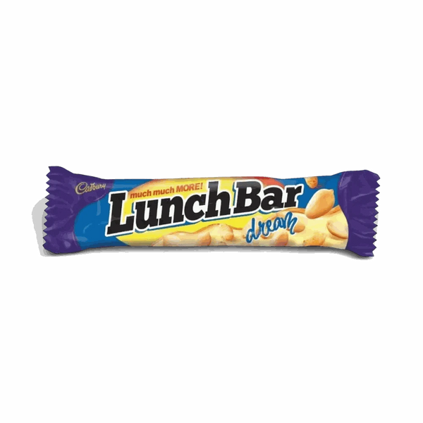 Cadbury Lunch Bar Dream white chocolate snack bar with crispy wafer, peanuts, crisped rice, and caramel, 48g pack