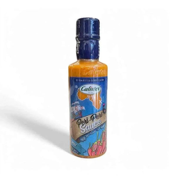 Bottle of Calisto's Peri Peri Sauce Mild 250ml with label highlighting tangy, mild heat and authentic Portuguese flavors