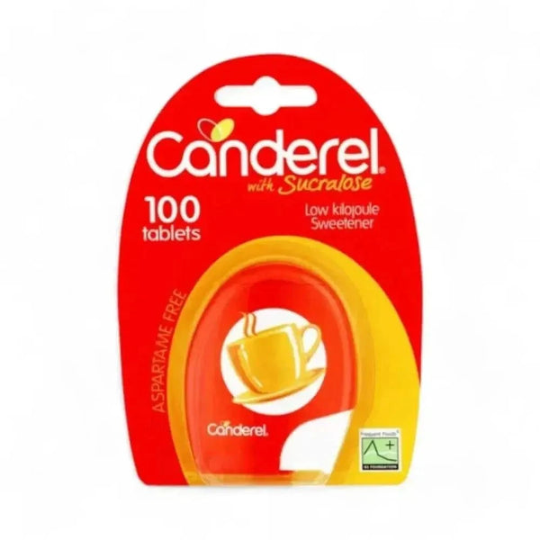 Canderel Sweetener Tablets 100 pack in a compact dispenser for zero-calorie sweetness in tea and coffee