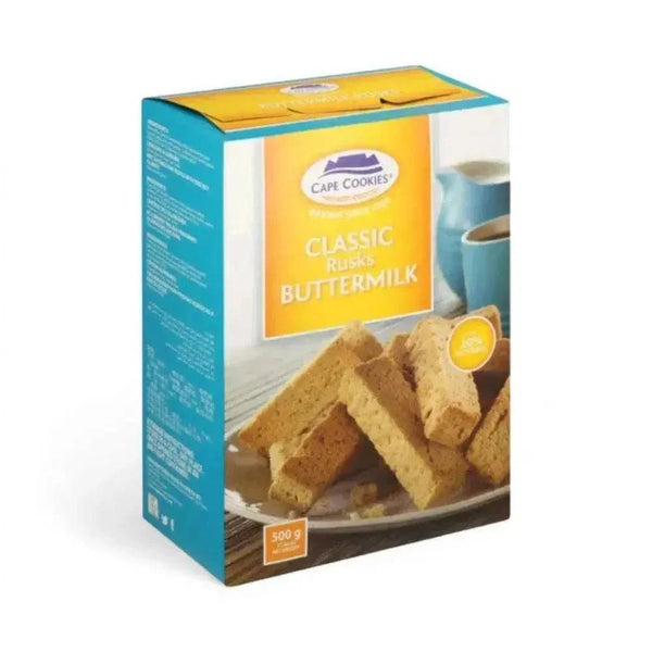 Cape Cookies Buttermilk Rusks 500g package with golden crispy texture and rich buttermilk flavor