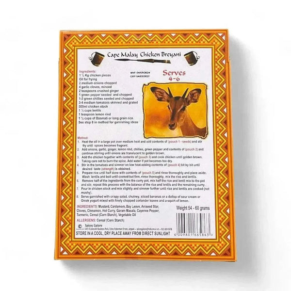 Taste of Africa Cape Malay Chicken Breyani 60g spice mix packaging with recipe card