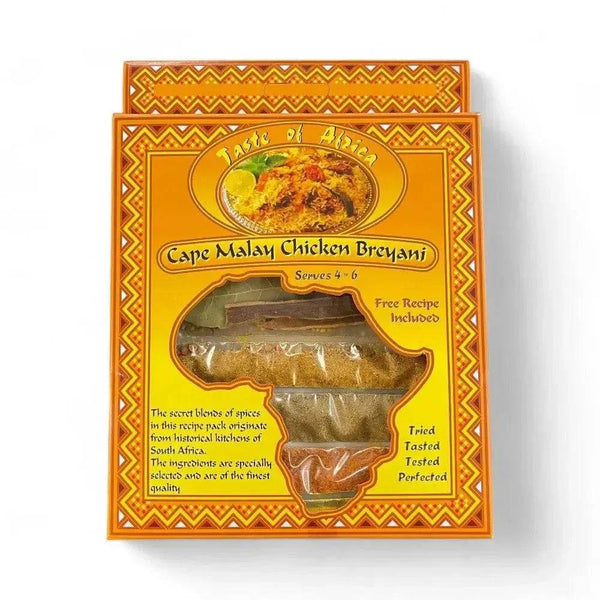 Taste of Africa Cape Malay Chicken Breyani 60g spice mix packet with ingredients and recipe card