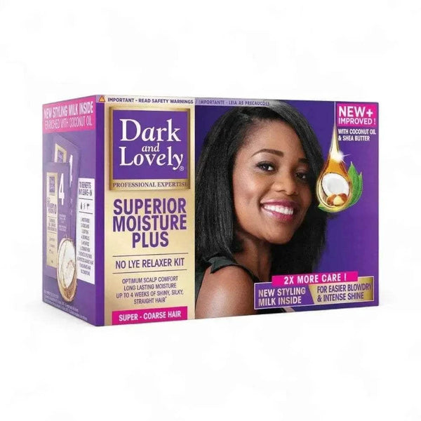 Dark and Lovely Superior Moisture Plus No Lye Relaxer Kit for super coarse hair with coconut oil and shea butter for 4 weeks of shiny straight hair