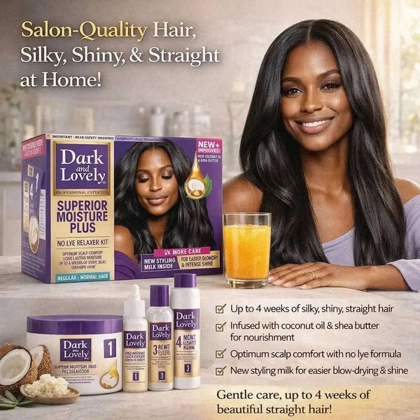 Dark & Lovely Superior Moisture Plus No Lye Relaxer Kit for normal hair with coconut oil and shea butter for up to 4 weeks of silky, straight hair