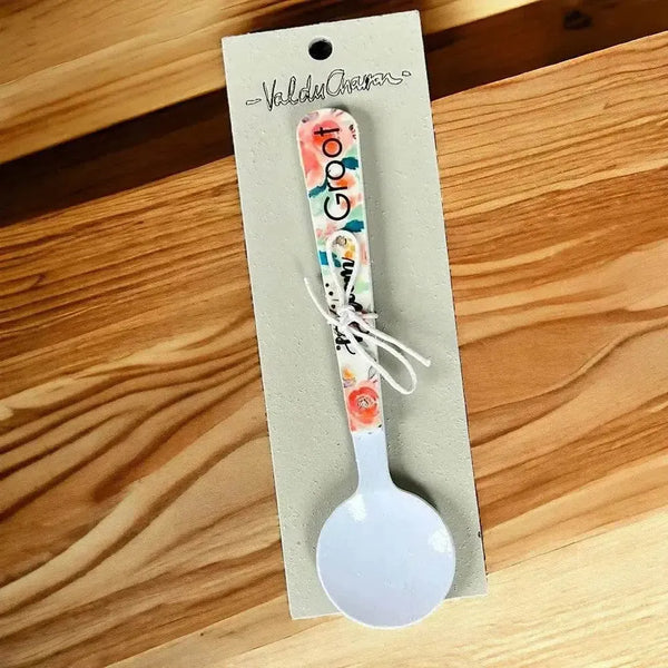 Enamel printed sugar spoon with wooden painted handle Droom Groot