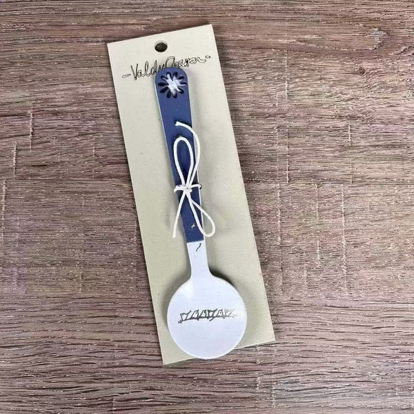 Enamel sugar spoon with wooden handle and laser engraved Birds on a Wire design