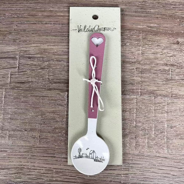 Enamel sugar spoon with wooden handle and farmhouse heart engraving