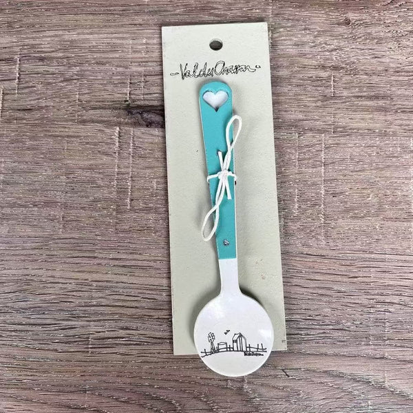 Enamel sugar spoon with wooden handle and farmhouse heart engraving