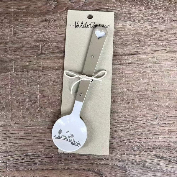 Enamel sugar spoon with wooden handle and farmhouse heart engraving