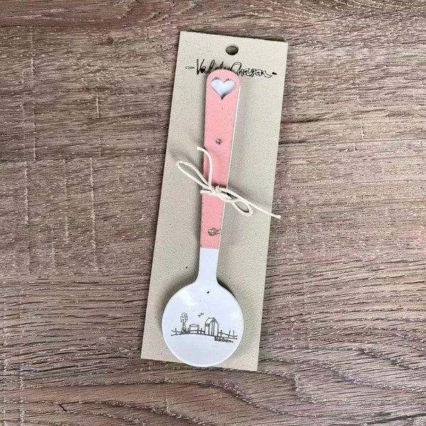Enamel sugar spoon with wooden handle and farmhouse heart engraving