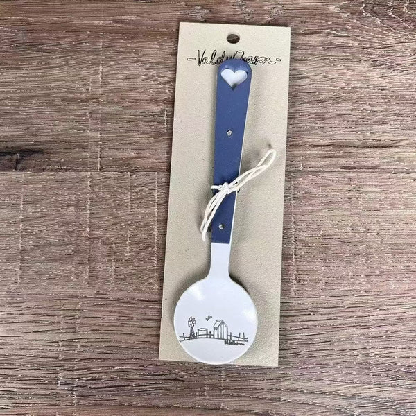 Enamel sugar spoon with wooden handle and farmhouse heart engraving