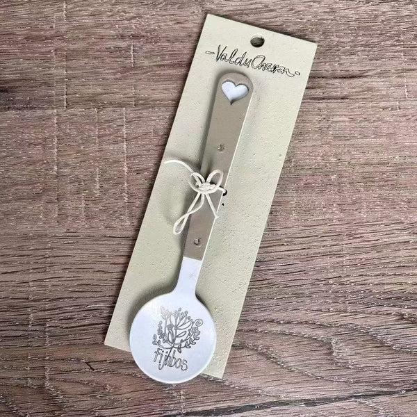 Enamel sugar spoon with wooden handle and laser engraved Fijnbos heart design