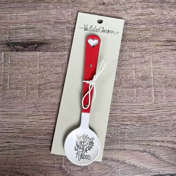 Enamel sugar spoon with wooden handle and laser engraved Fijnbos heart design