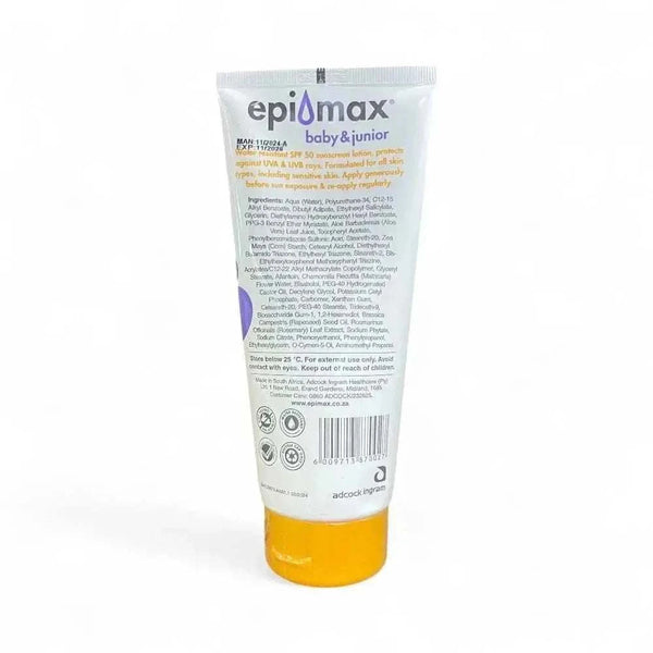 Epimax Baby & Junior Sunscreen Lotion SPF50 200ml with broad-spectrum UVA UVB protection for sensitive skin