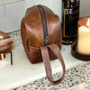 Light brown Woesmooi genuine leather shaving bag with zipper, 280mm x 100mm x 130mm