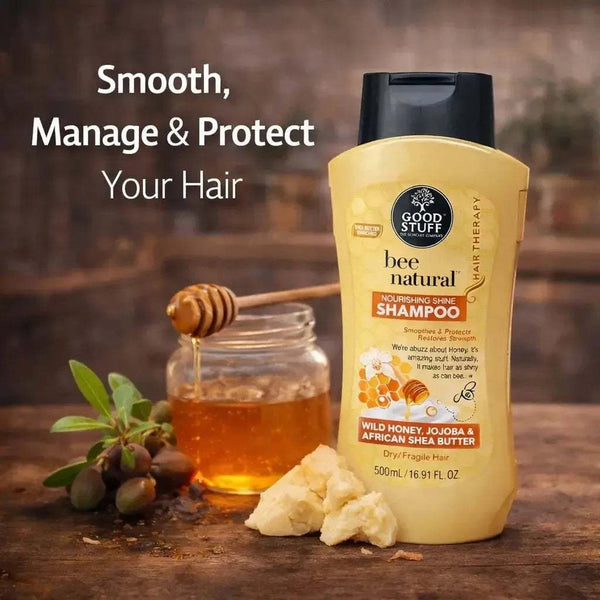 Good Stuff Bee Natural Nourishing Shine Shampoo 500ml bottle with honey, jojoba oil, and shea butter for dry hair