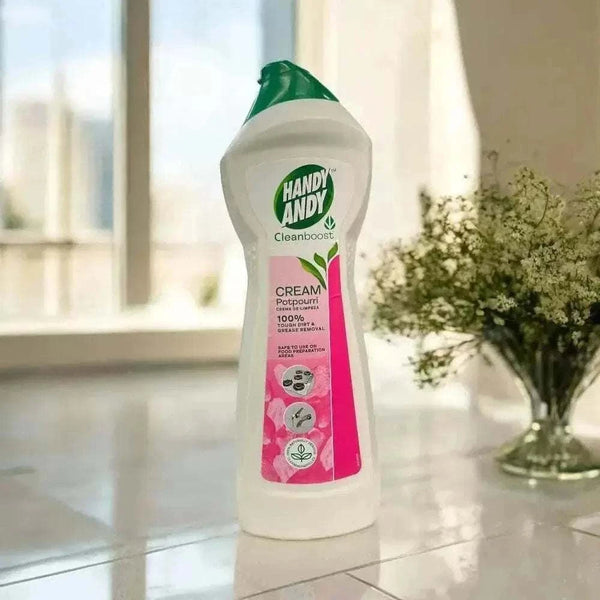 Handy Andy Cream Potpourri 750ml bottle for tough dirt and grease removal with biodegradable fragrance and recycled plastic packaging