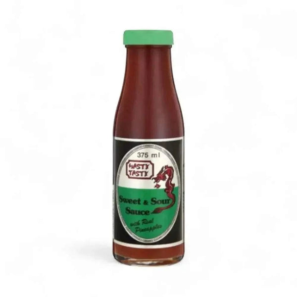 Hasty Tasty Sweet & Sour Pineapple Sauce 375ml bottle with green cap.