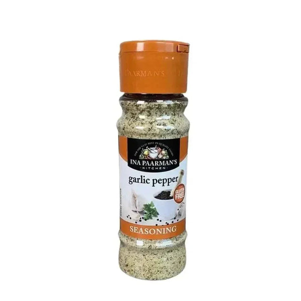 Ina Paarman Garlic Pepper 200ml bottle with garlic and pepper seasoning blend