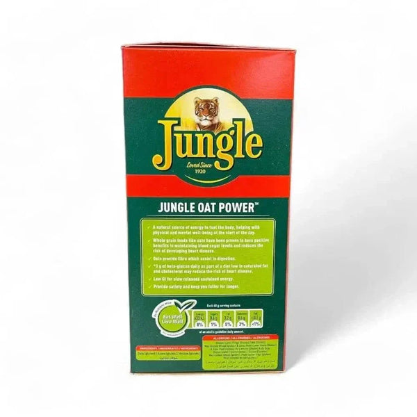 Jungle Oats 1kg pack panel explaining Jungle Oat Power and heart-wellness benefits